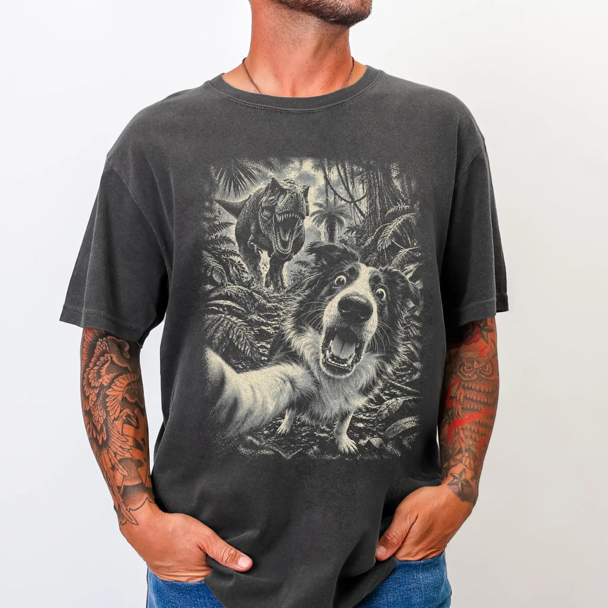 T-Rex Selfie Border Collie Comfort Colors 1717 T-Shirt in Pepper, studio lifestyle