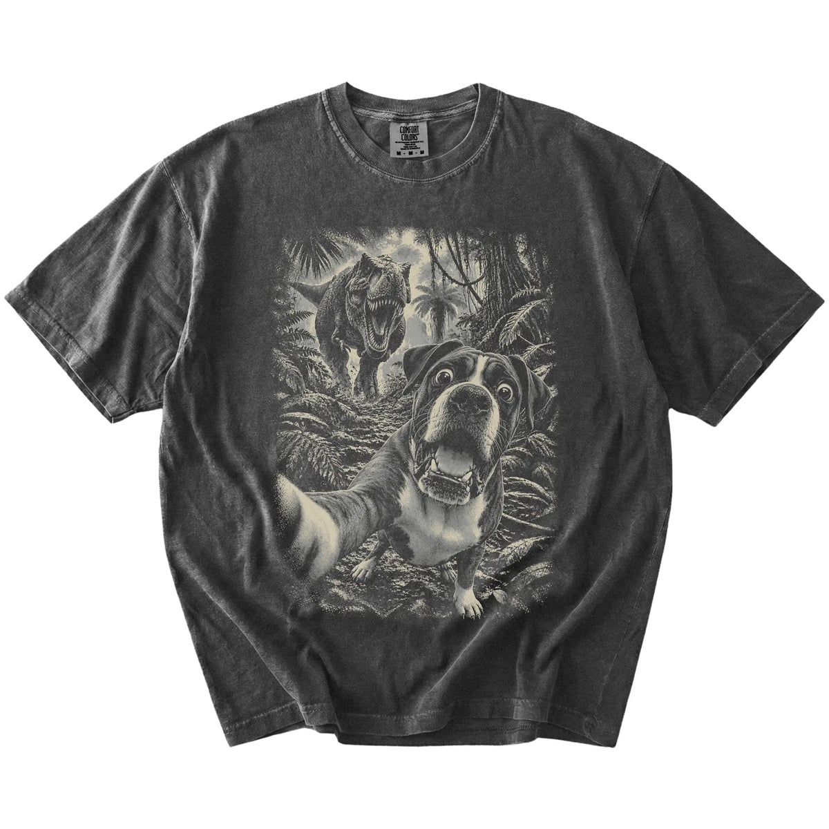 T-Rex Selfie Boxer Comfort Colors 1717 T-Shirt in Pepper, flat lay