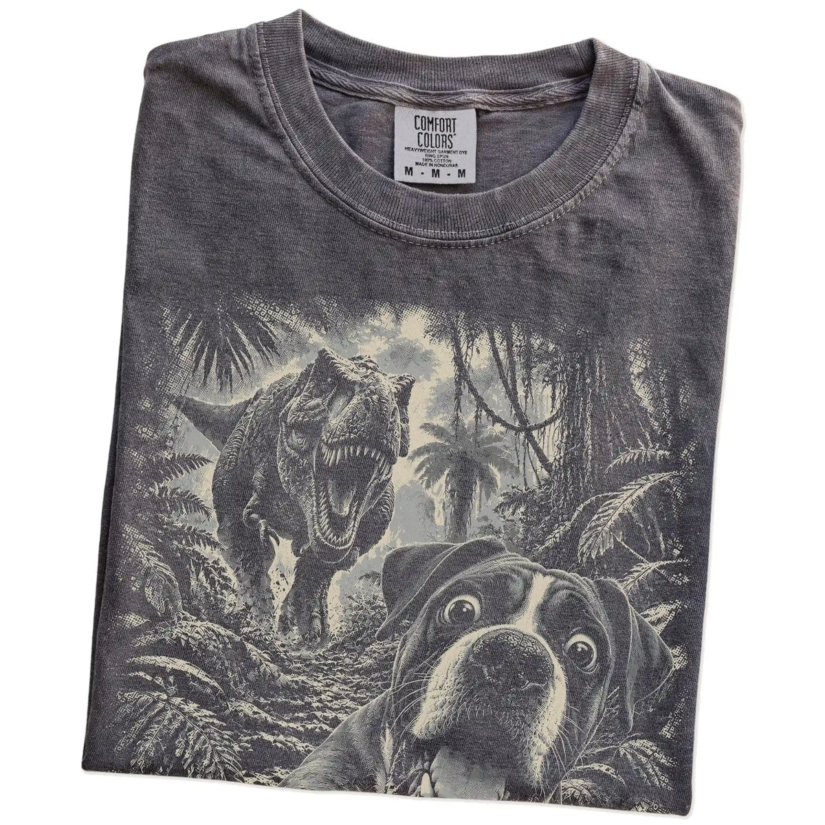 T-Rex Selfie Boxer Comfort Colors 1717 T-Shirt in Pepper, folded detail