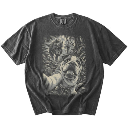 T-Rex Selfie English Bulldog Comfort Colors 1717 T-Shirt in Pepper, flat lay