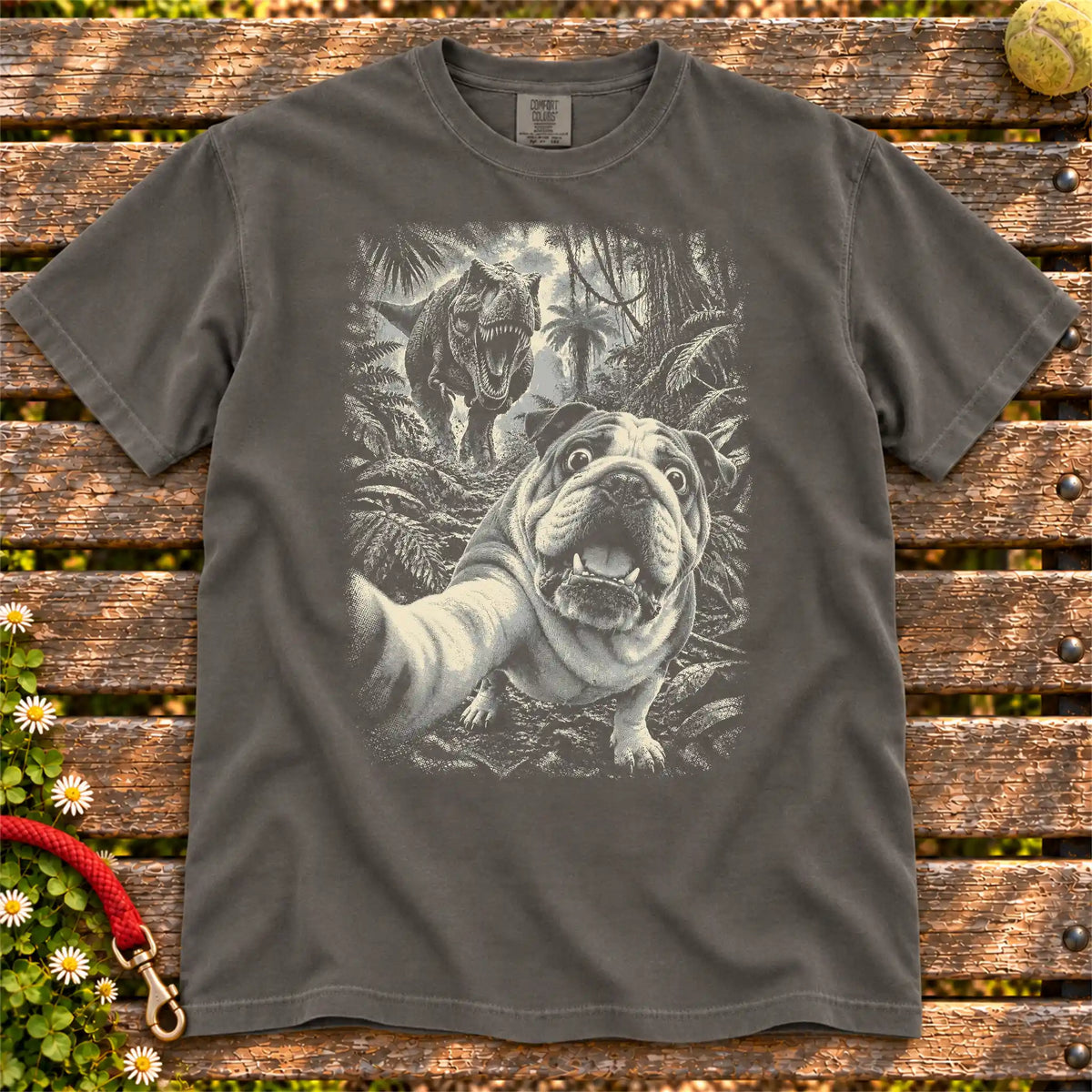 English Bulldog T-Rex Selfie Comfort Colors T-shirt in Pepper