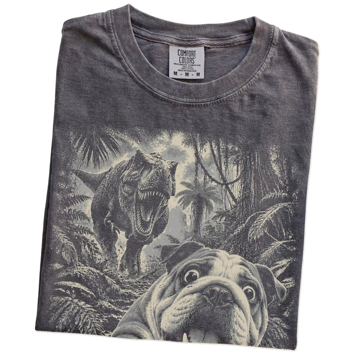 T-Rex Selfie English Bulldog Comfort Colors 1717 T-Shirt in Pepper, folded detail