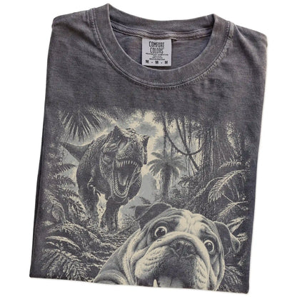 T-Rex Selfie English Bulldog Comfort Colors 1717 T-Shirt in Pepper, folded detail