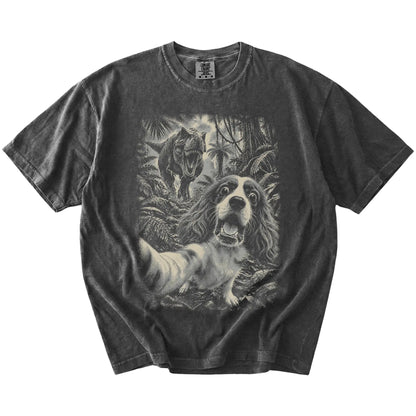 T-Rex Selfie Cavalier King Charles Spaniel Comfort Colors 1717 T-Shirt in Pepper, flat lay