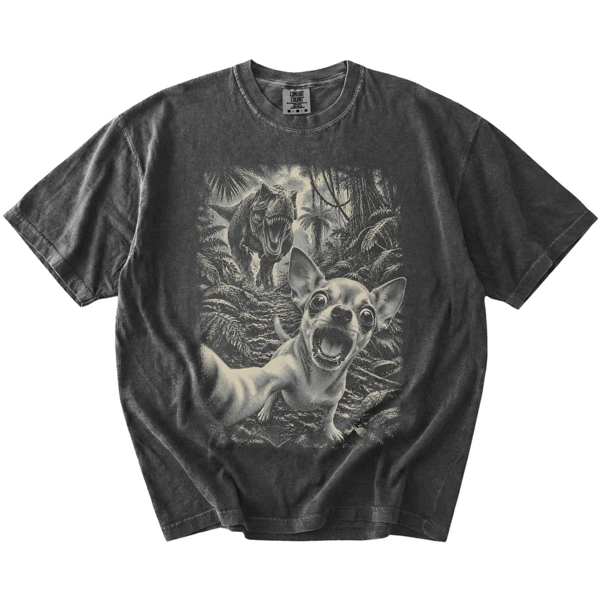 T-Rex Selfie Chihuahua Comfort Colors 1717 T-Shirt in Pepper, flat lay