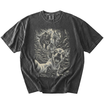 T-Rex Selfie Chihuahua Comfort Colors 1717 T-Shirt in Pepper, flat lay