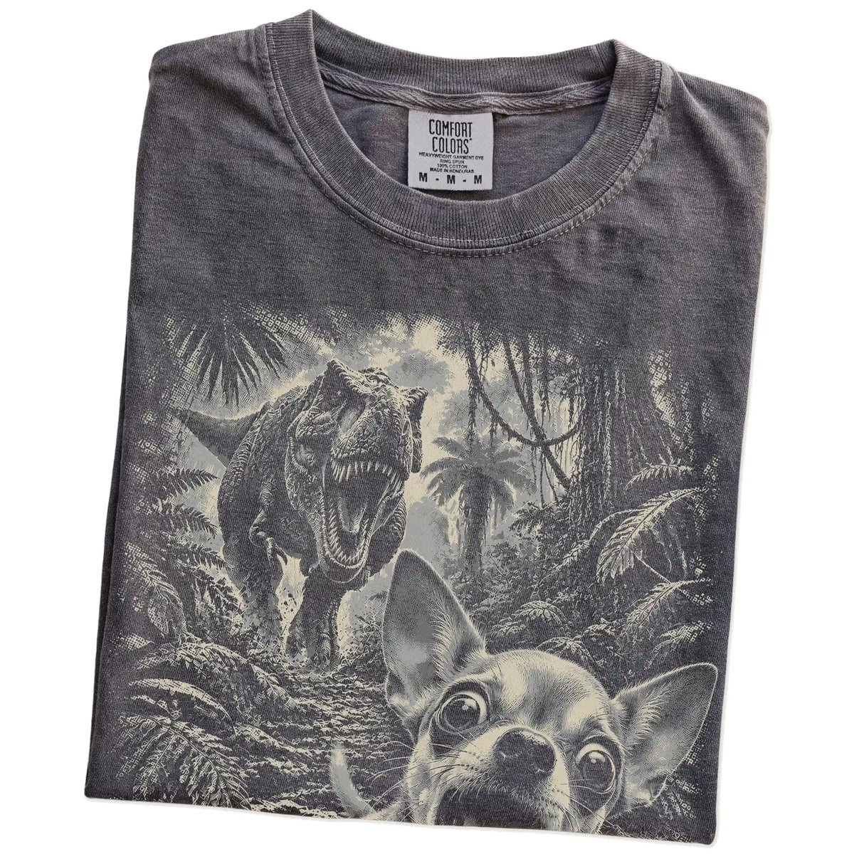 T-Rex Selfie Chihuahua Comfort Colors 1717 T-Shirt in Pepper, folded detail