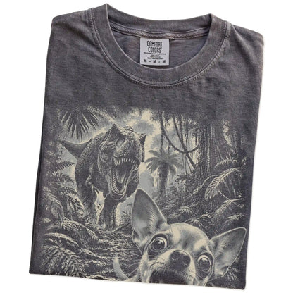 T-Rex Selfie Chihuahua Comfort Colors 1717 T-Shirt in Pepper, folded detail