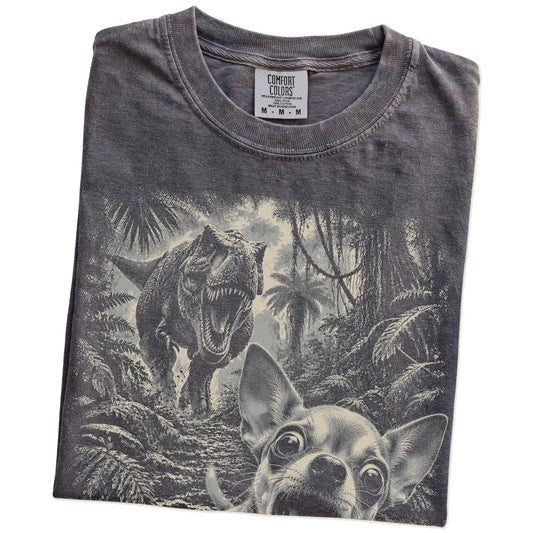 T-Rex Selfie Chihuahua Comfort Colors 1717 T-Shirt in Pepper, folded detail