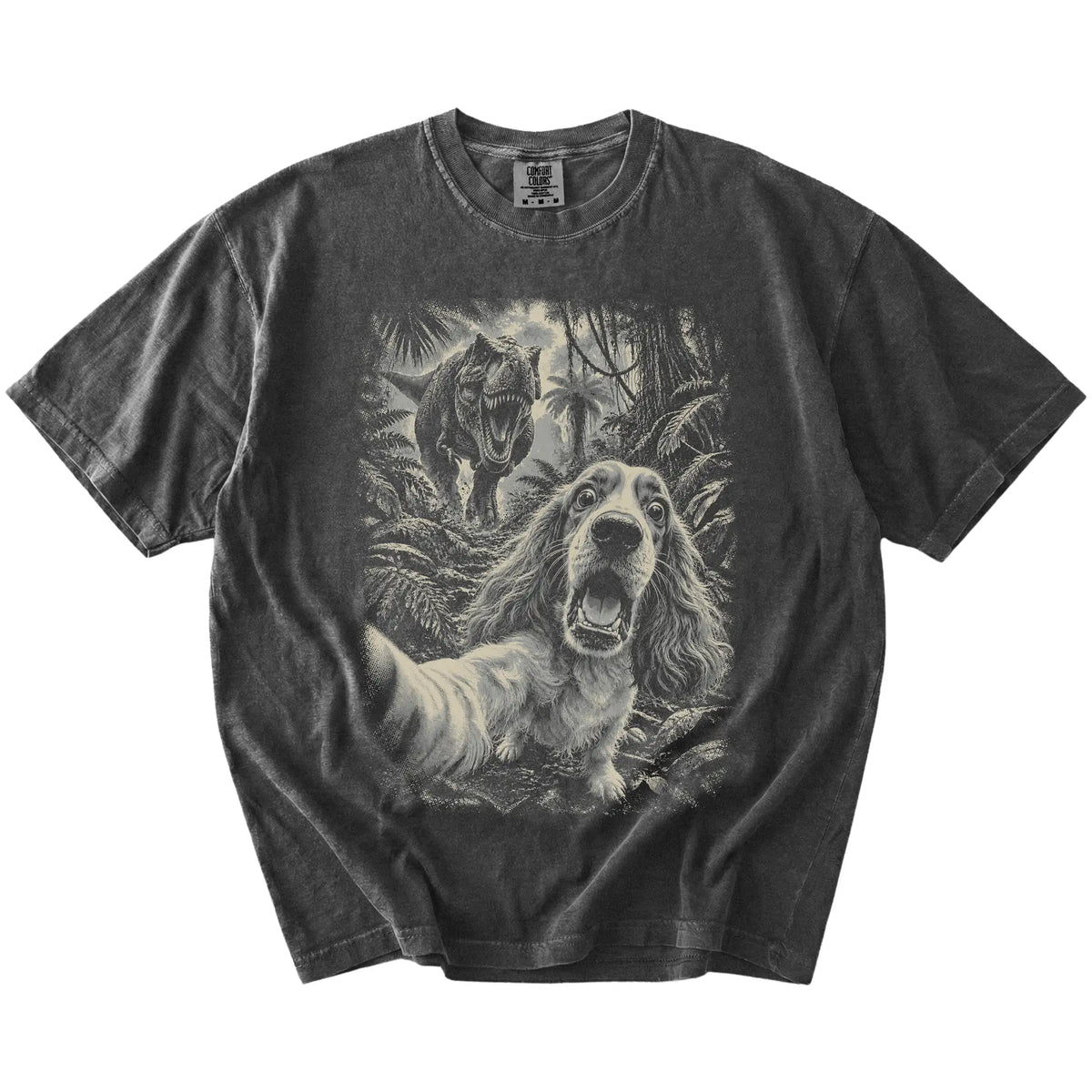 T-Rex Selfie Cocker Spaniel Comfort Colors 1717 T-Shirt in Pepper, flat lay