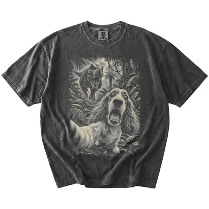 T-Rex Selfie Cocker Spaniel Comfort Colors 1717 T-Shirt in Pepper, flat lay