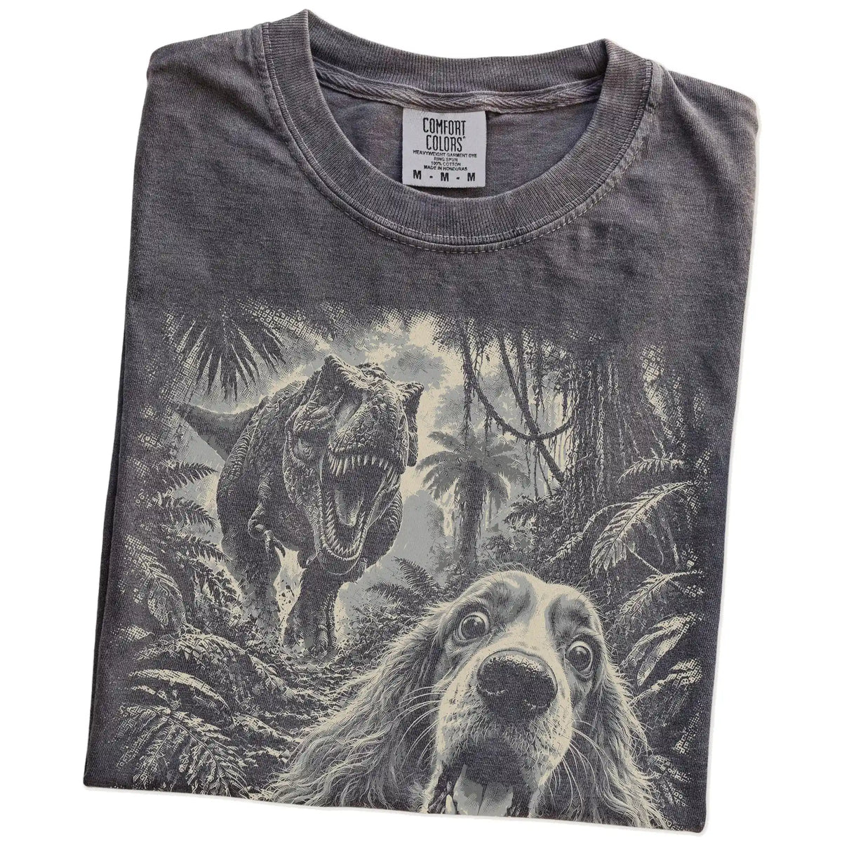 T-Rex Selfie Cocker Spaniel Comfort Colors 1717 T-Shirt in Pepper, folded detail
