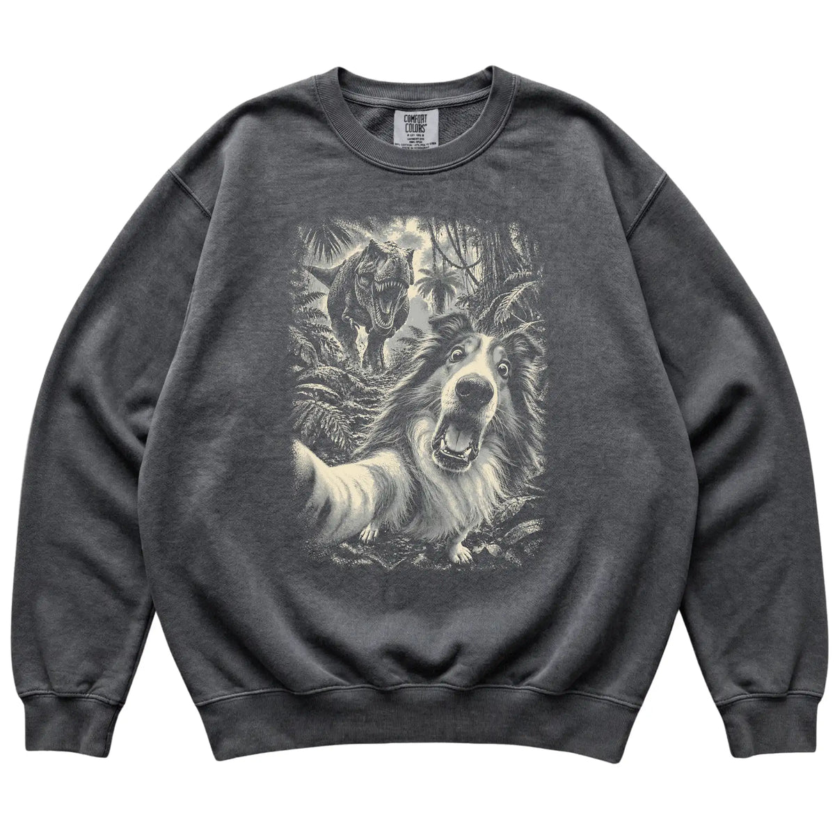 T-Rex Selfie Collie Comfort Colors 1566 Sweatshirt in Pepper, flat lay