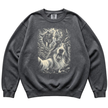 T-Rex Selfie Collie Comfort Colors 1566 Sweatshirt in Pepper, flat lay