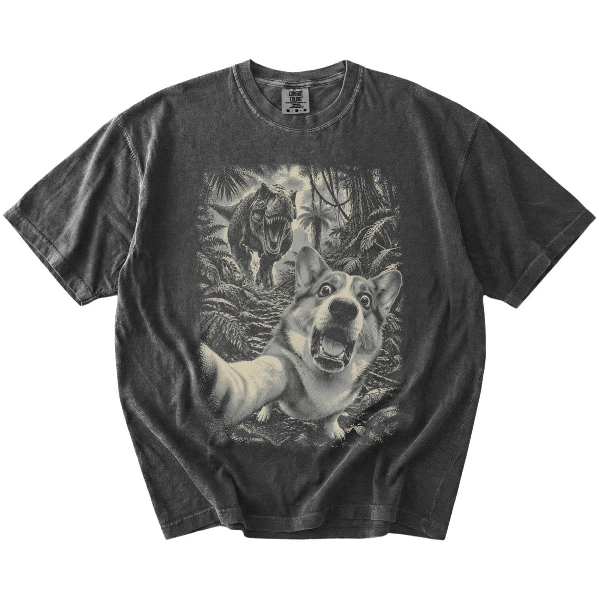 T-Rex Selfie Corgi Comfort Colors 1717 T-Shirt in Pepper, flat lay