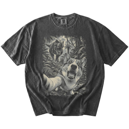 T-Rex Selfie Corgi Comfort Colors 1717 T-Shirt in Pepper, flat lay