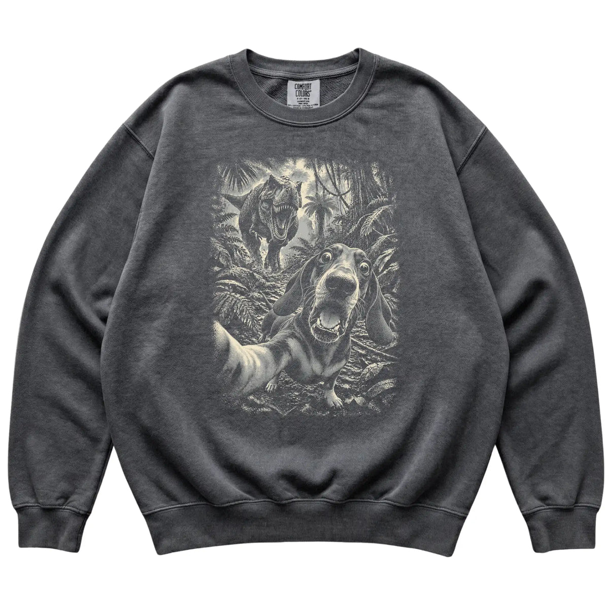 T-Rex Selfie Dachshund Comfort Colors 1566 Sweatshirt in Pepper, flat lay