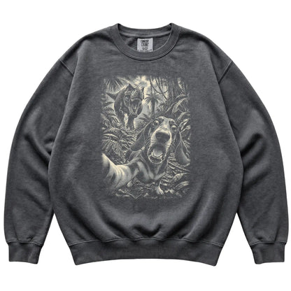 T-Rex Selfie Dachshund Comfort Colors 1566 Sweatshirt in Pepper, flat lay