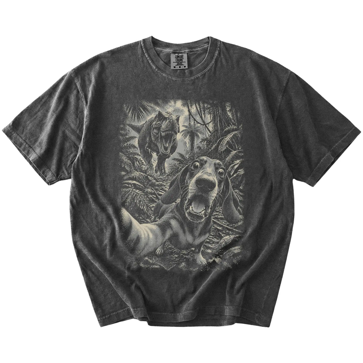 T-Rex Selfie Dachshund Comfort Colors 1717 T-Shirt in Pepper, flat lay