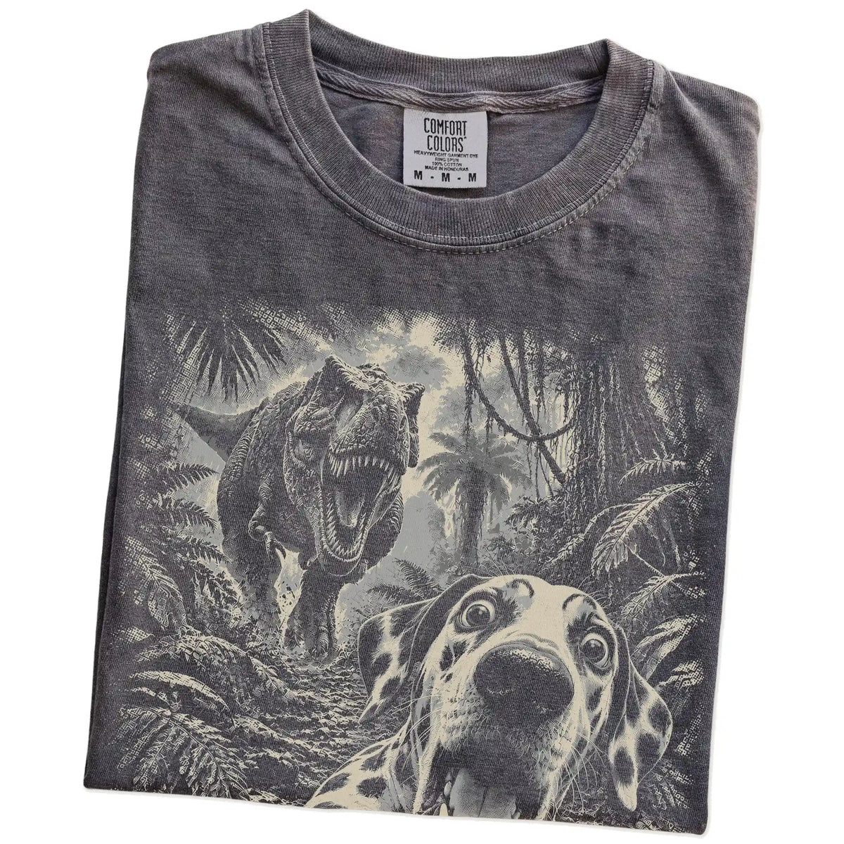 T-Rex Selfie Dalmatian Comfort Colors 1717 T-Shirt in Pepper, folded detail