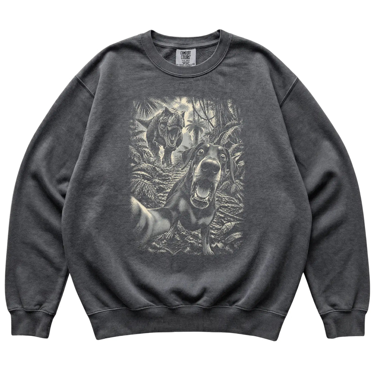 T-Rex Selfie Doberman Comfort Colors 1566 Sweatshirt in Pepper, flat lay