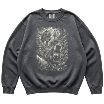 T-Rex Selfie Doberman Comfort Colors 1566 Sweatshirt in Pepper, flat lay