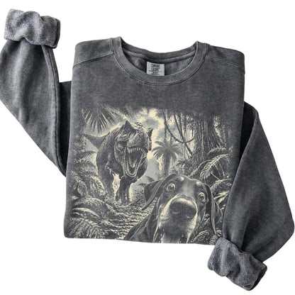 T-Rex Selfie Doberman Comfort Colors 1566 Sweatshirt in Pepper, folded detail