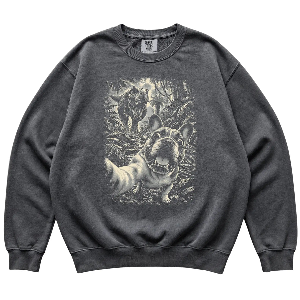 T-Rex Selfie French Bulldog Comfort Colors 1566 Sweatshirt in Pepper, flat lay