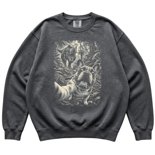 T-Rex Selfie French Bulldog Comfort Colors 1566 Sweatshirt in Pepper, flat lay