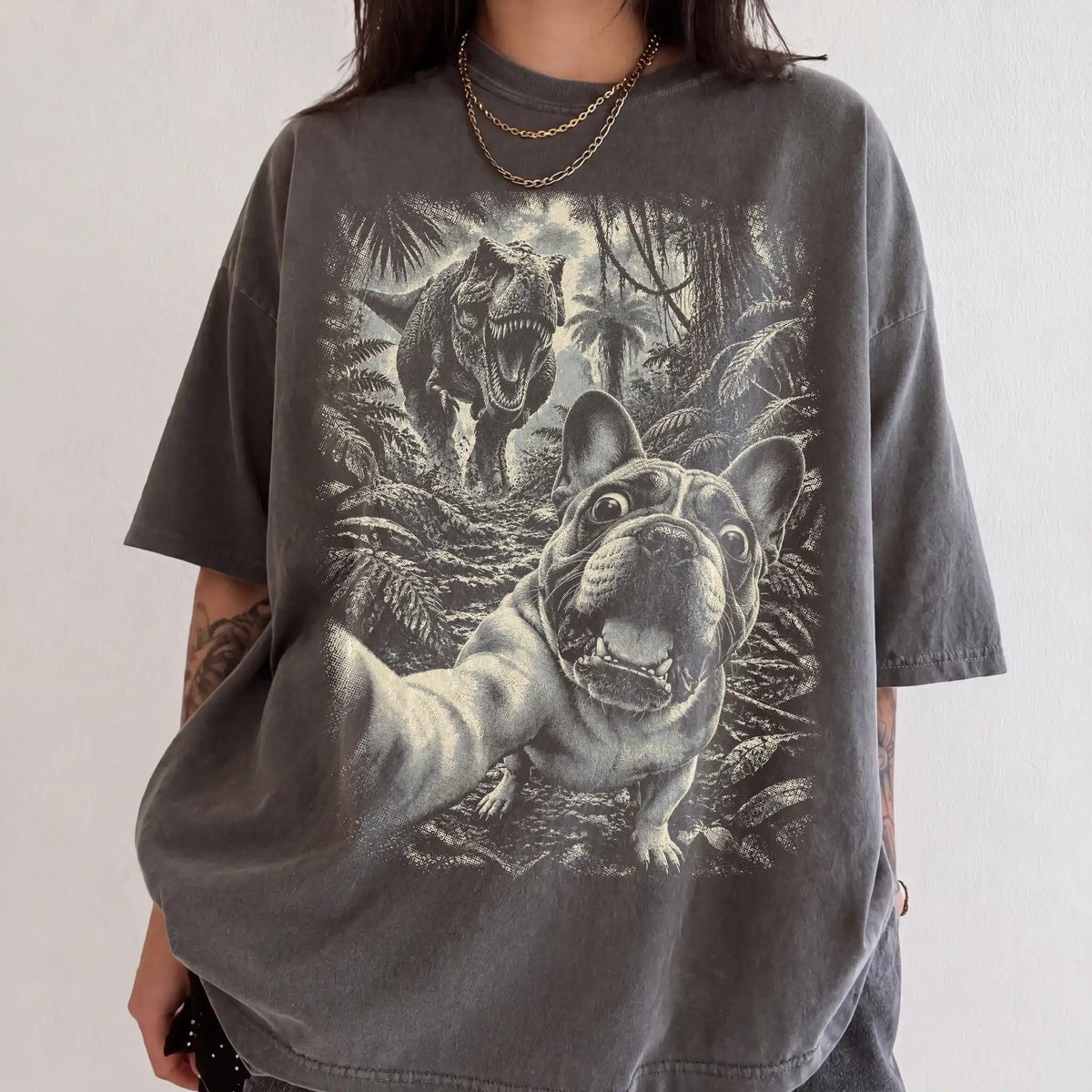 T-Rex Selfie French Bulldog Comfort Colors 1717 T-Shirt in Pepper, studio lifestyle
