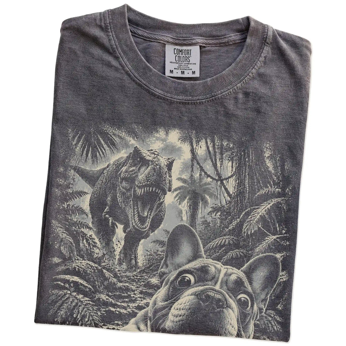 T-Rex Selfie French Bulldog Comfort Colors 1717 T-Shirt in Pepper, folded detail