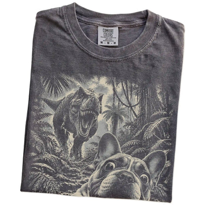 T-Rex Selfie French Bulldog Comfort Colors 1717 T-Shirt in Pepper, folded detail