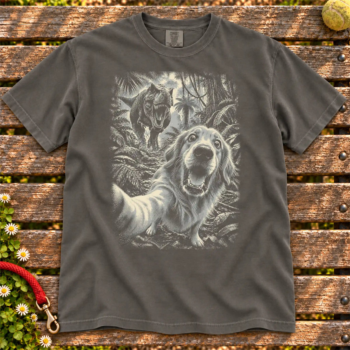 Golden Retriever T-Rex Selfie Comfort Colors T-shirt in Pepper