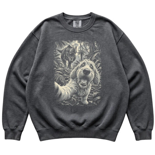 T-Rex Selfie Goldendoodle Comfort Colors 1566 Sweatshirt in Pepper, flat lay