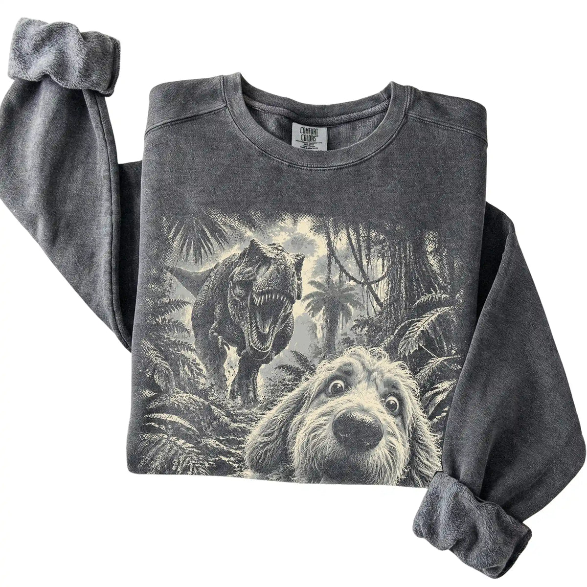 T-Rex Selfie Goldendoodle Comfort Colors 1566 Sweatshirt in Pepper, folded detail