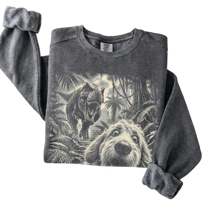 T-Rex Selfie Goldendoodle Comfort Colors 1566 Sweatshirt in Pepper, folded detail