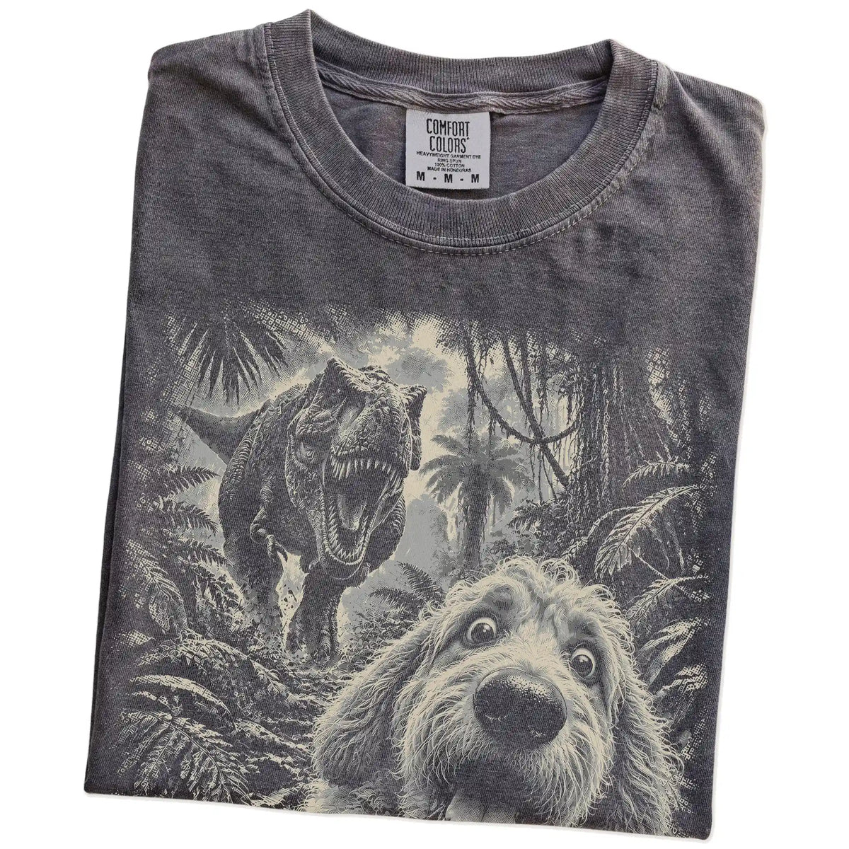 T-Rex Selfie Goldendoodle Comfort Colors 1717 T-Shirt in Pepper, folded detail