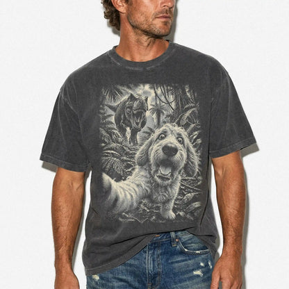 T-Rex Selfie Goldendoodle Comfort Colors 1717 T-Shirt in Pepper, studio lifestyle