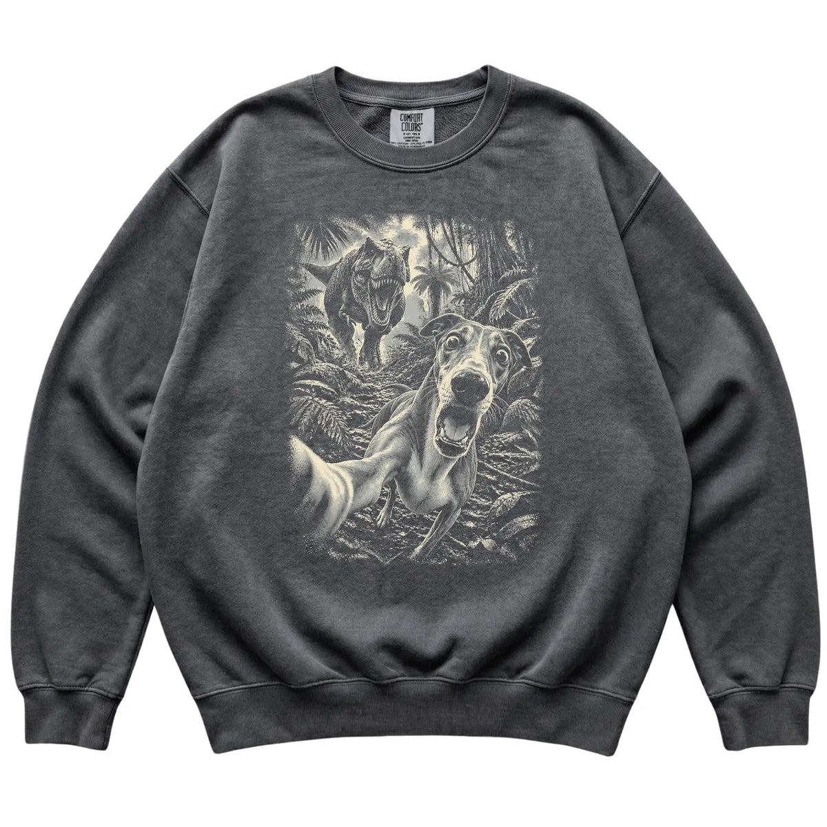T-Rex Selfie Greyhound Comfort Colors 1566 Sweatshirt in Pepper, flat lay