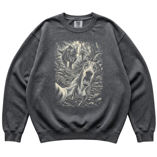 T-Rex Selfie Greyhound Comfort Colors 1566 Sweatshirt in Pepper, flat lay