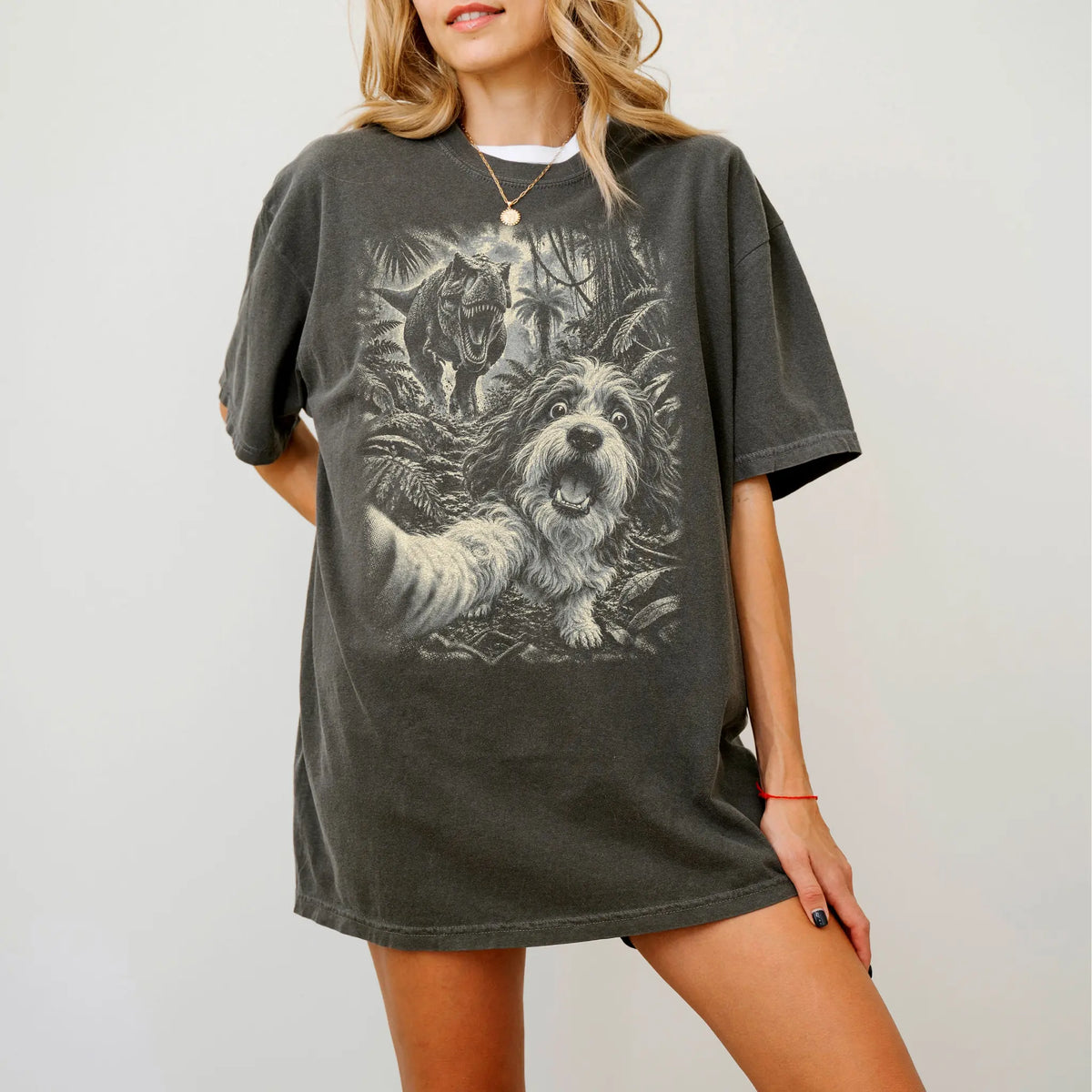 T-Rex Selfie Havanese Comfort Colors 1717 T-Shirt in Pepper, studio lifestyle