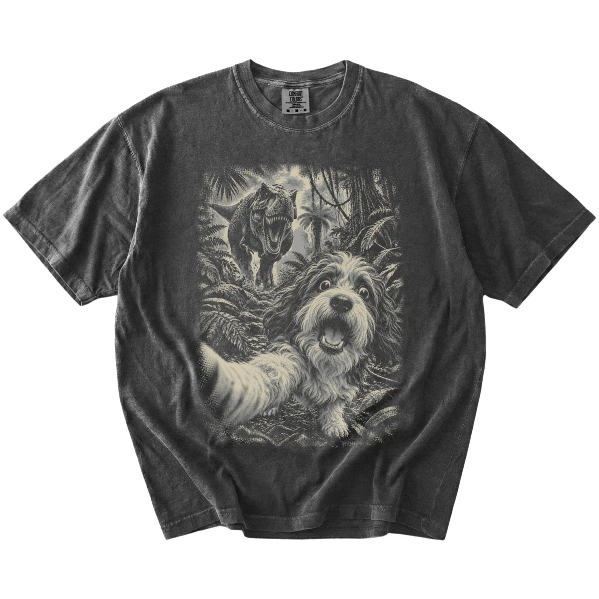 T-Rex Selfie Havanese Comfort Colors 1717 T-Shirt in Pepper, flat lay