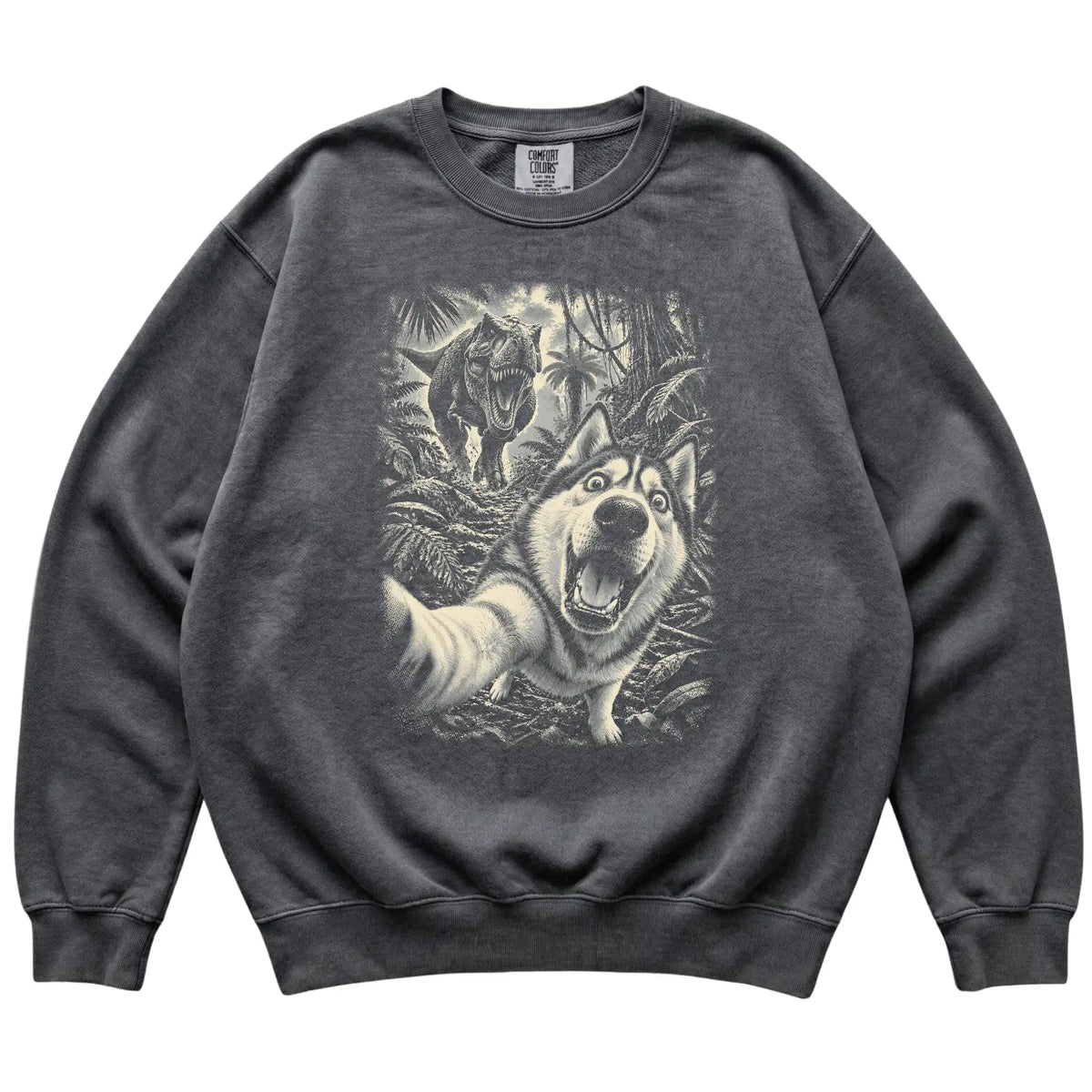 T-Rex Selfie Husky Comfort Colors 1566 Sweatshirt in Pepper, flat lay