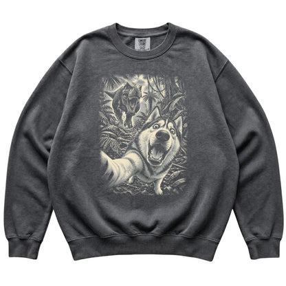 T-Rex Selfie Husky Comfort Colors 1566 Sweatshirt in Pepper, flat lay