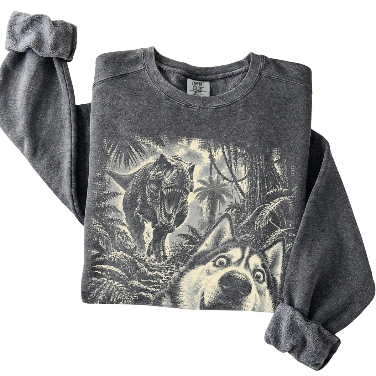 T-Rex Selfie Husky Comfort Colors 1566 Sweatshirt in Pepper, folded detail