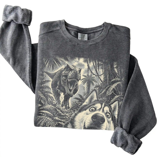 T-Rex Selfie Husky Comfort Colors 1566 Sweatshirt in Pepper, folded detail