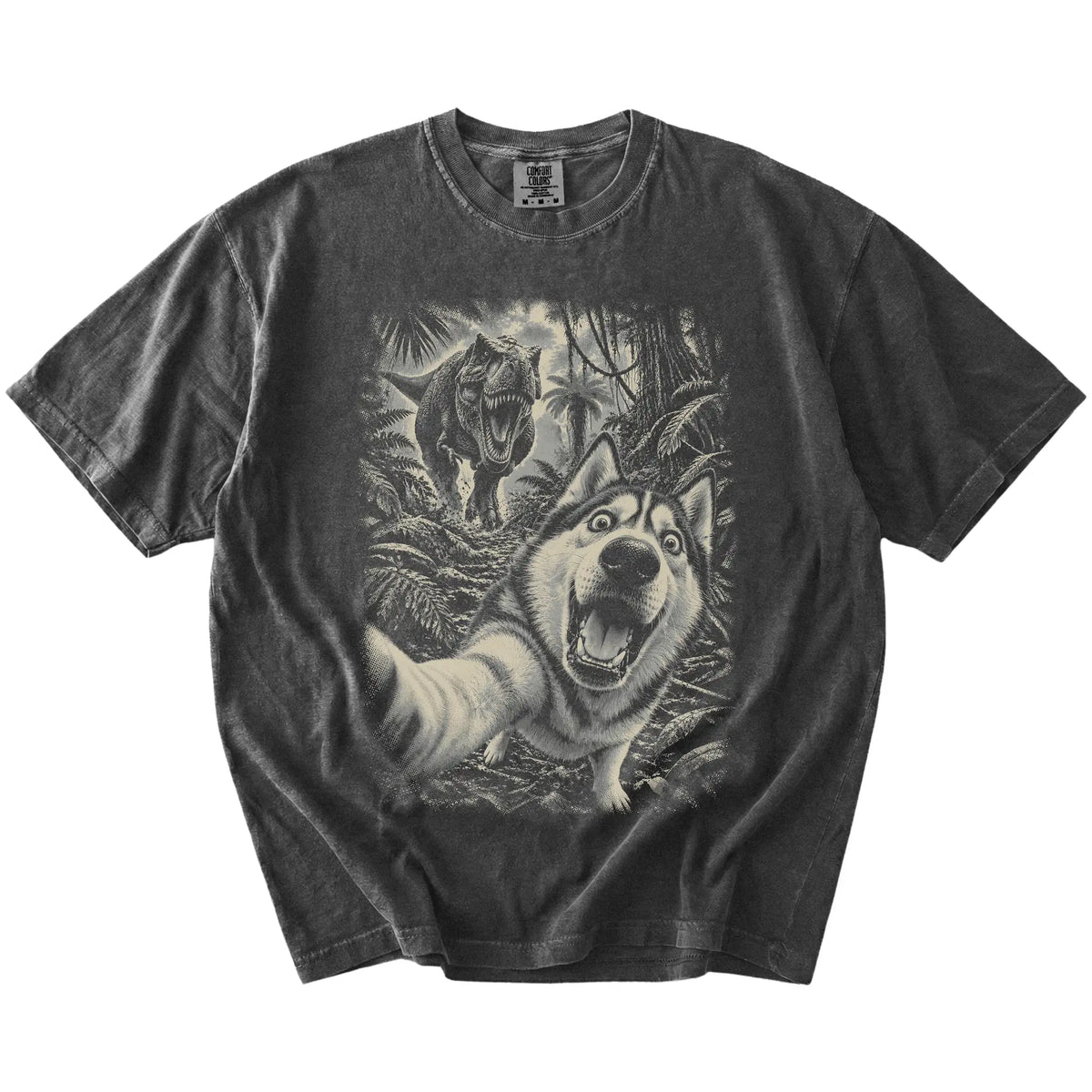 T-Rex Selfie Husky Comfort Colors 1717 T-Shirt in Pepper, flat lay
