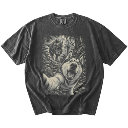 T-Rex Selfie Husky Comfort Colors 1717 T-Shirt in Pepper, flat lay