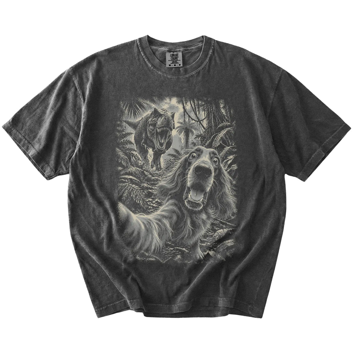 T-Rex Selfie Irish Setter Comfort Colors 1717 T-Shirt in Pepper, flat lay