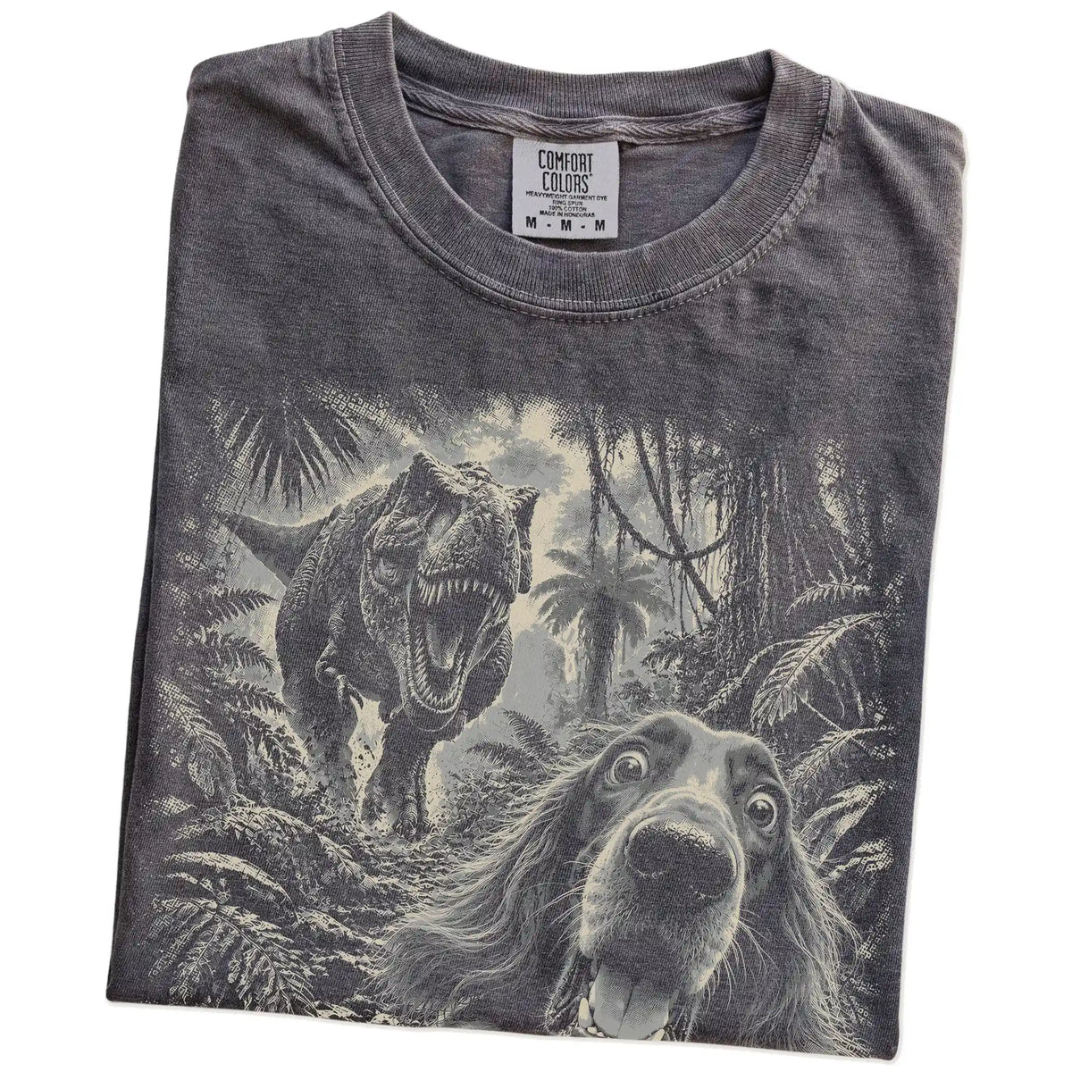 T-Rex Selfie Irish Setter Comfort Colors 1717 T-Shirt in Pepper, folded detail